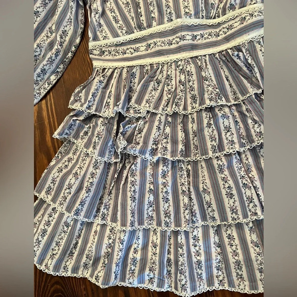 LOVESHACKFANCY Astor Striped Ruffle-Tiered Dress Blue & White Floral Long Sleeve - Picture 10 of 12
